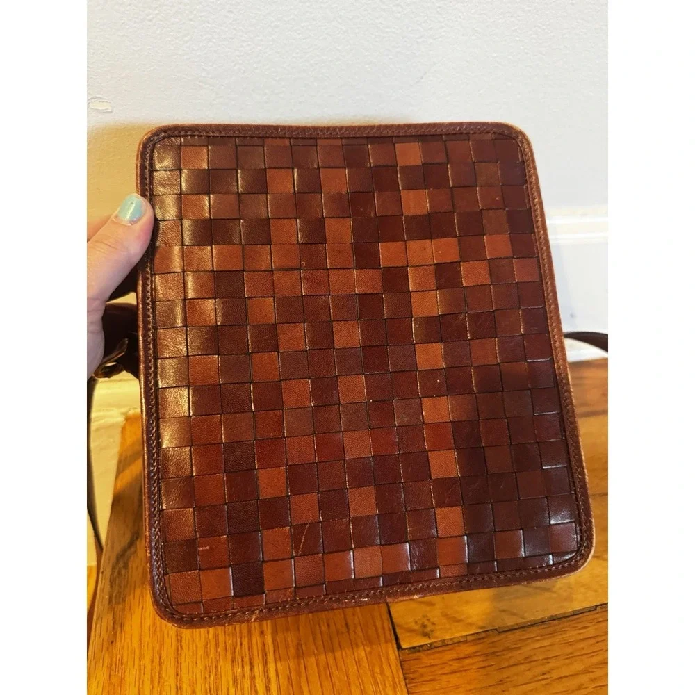 Vintage Etienne Aigner Checkerboard Weave Leather Crossbody Purse Brown Boxy Bag